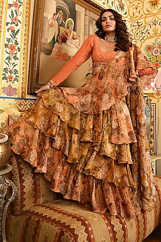 Peach & Gold Tissue Silk Floral Printed Layered Pre-Stitched Ruffled Saree Set by SANAM