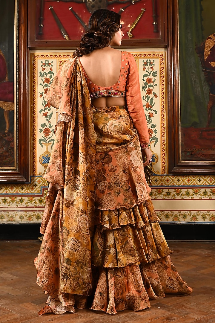 Peach & Gold Tissue Silk Floral Printed Layered Pre-Stitched Ruffled Party Wear Saree Set by SANAM at Pernia's Pop Up Shop