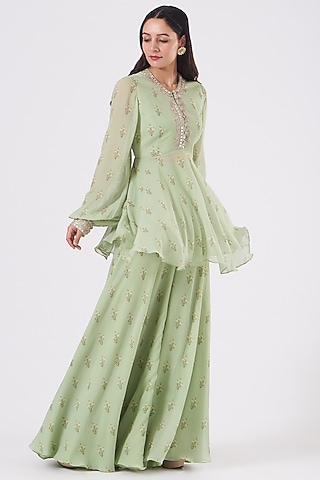 Mint Green Printed Sharara Set by Sana Barreja