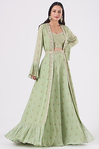 Mint Green Printed Jacket Set by Sana Barreja