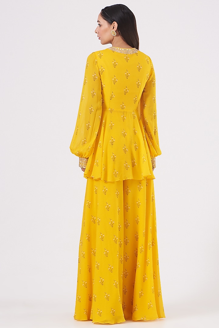 Dandelion Yellow Printed Party Wear Sharara Set by Sana Barreja at Pernia's Pop Up Shop