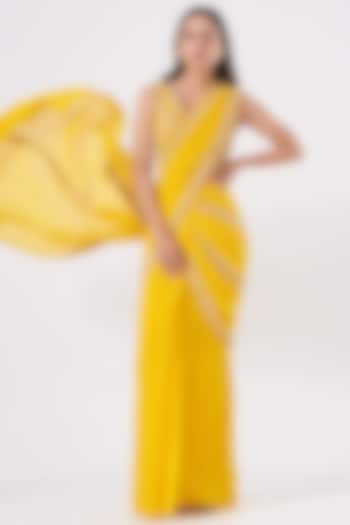 Dandelion Yellow Embroidered Pre-Stitched Wedding Saree Set by Sana Barreja at Pernia's Pop Up Shop