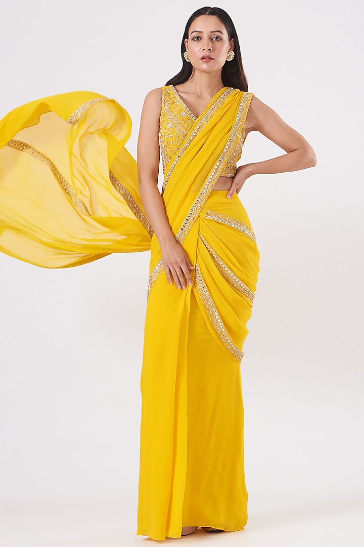 Dandelion Yellow Embroidered Pre-Stitched Wedding Saree Set by Sana Barreja at Pernia's Pop Up Shop