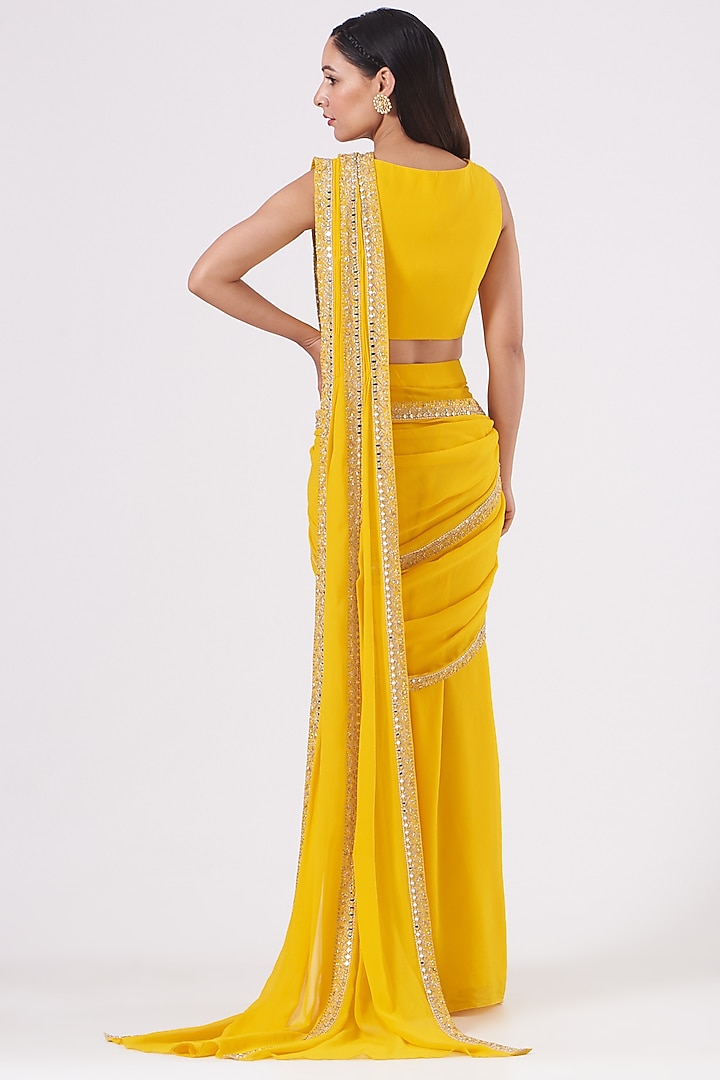 Dandelion Yellow Embroidered Pre-Stitched Wedding Saree Set by Sana Barreja at Pernia's Pop Up Shop
