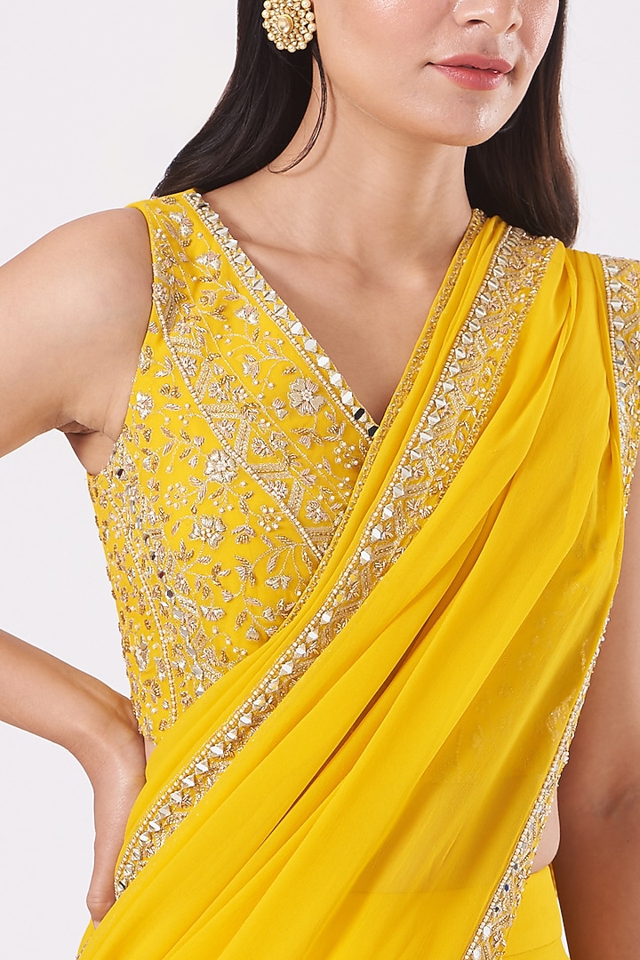 Dandelion Yellow Embroidered Pre-Stitched Wedding Saree Set by Sana Barreja at Pernia's Pop Up Shop