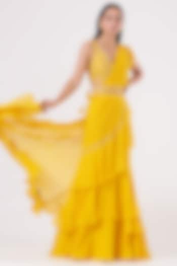 Dandelion Yellow Georgette Pre-Stitched Wedding Saree Set by Sana Barreja at Pernia's Pop Up Shop