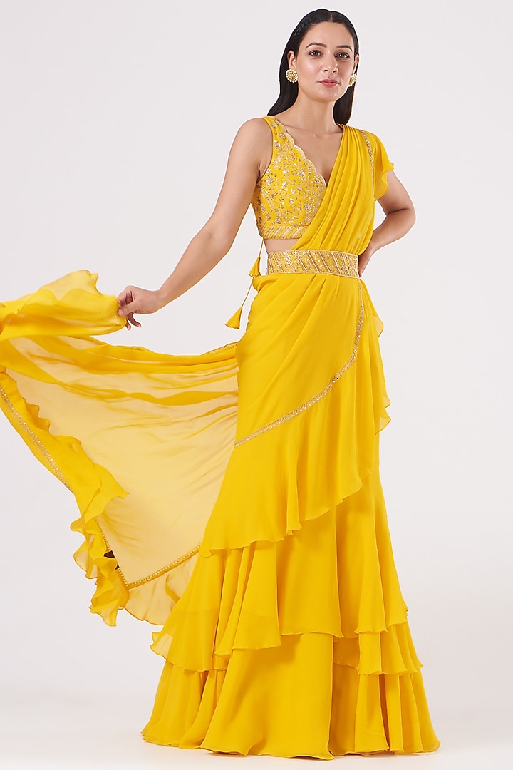 Dandelion Yellow Georgette Pre-Stitched Wedding Saree Set by Sana Barreja at Pernia's Pop Up Shop