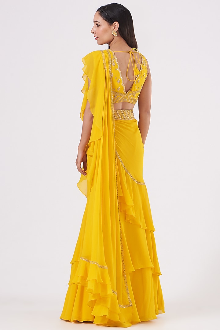Dandelion Yellow Georgette Pre-Stitched Wedding Saree Set by Sana Barreja at Pernia's Pop Up Shop