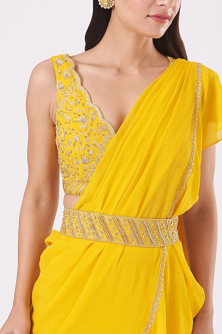 Dandelion Yellow Georgette Pre-Stitched Wedding Saree Set by Sana Barreja at Pernia's Pop Up Shop