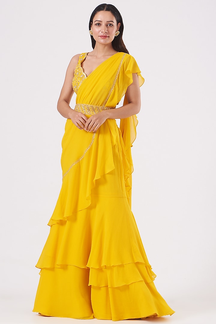 Dandelion Yellow Pre-Stitched Saree Set by Sana Barreja