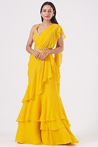 Dandelion Yellow Pre-Stitched Saree Set by Sana Barreja