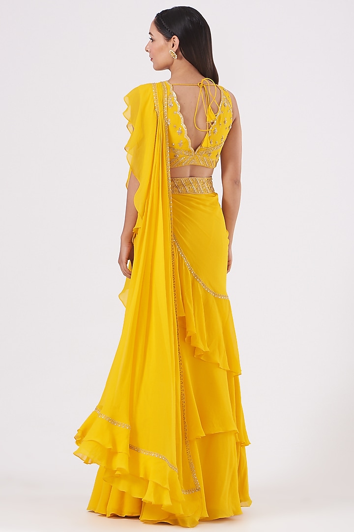 Dandelion Yellow Pre-Stitched Wedding Saree Set by Sana Barreja at Pernia's Pop Up Shop