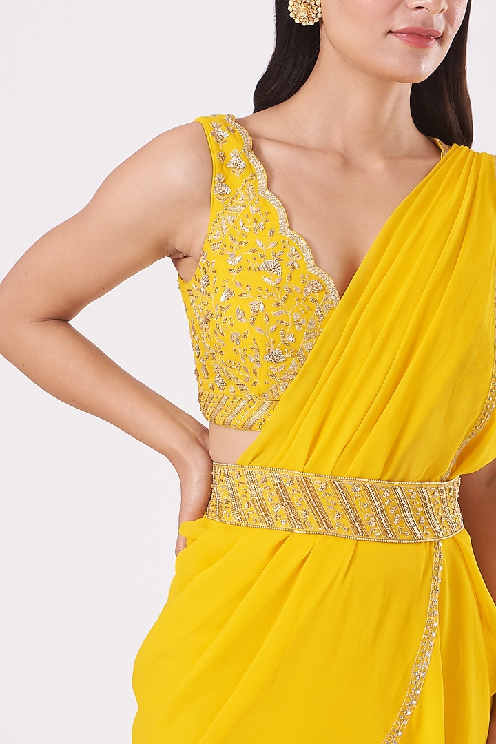 Dandelion Yellow Pre-Stitched Wedding Saree Set by Sana Barreja at Pernia's Pop Up Shop