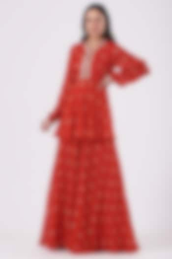 Cadmium Red Printed Sharara Set by Sana Barreja