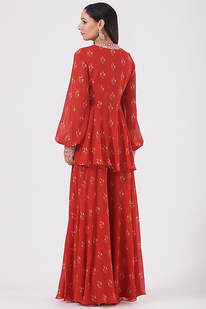 Cadmium Red Printed Party Wear Sharara Set by Sana Barreja at Pernia's Pop Up Shop