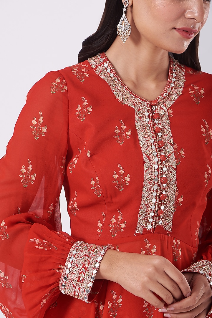Cadmium Red Printed Party Wear Sharara Set by Sana Barreja at Pernia's Pop Up Shop