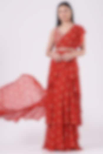 Cadmium Red Georgette Printed Pre-Stitched Layered Saree Set by Sana Barreja