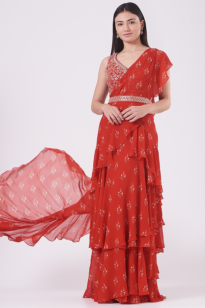 Cadmium Red Georgette Printed Pre-Stitched Layered Saree Set by Sana Barreja
