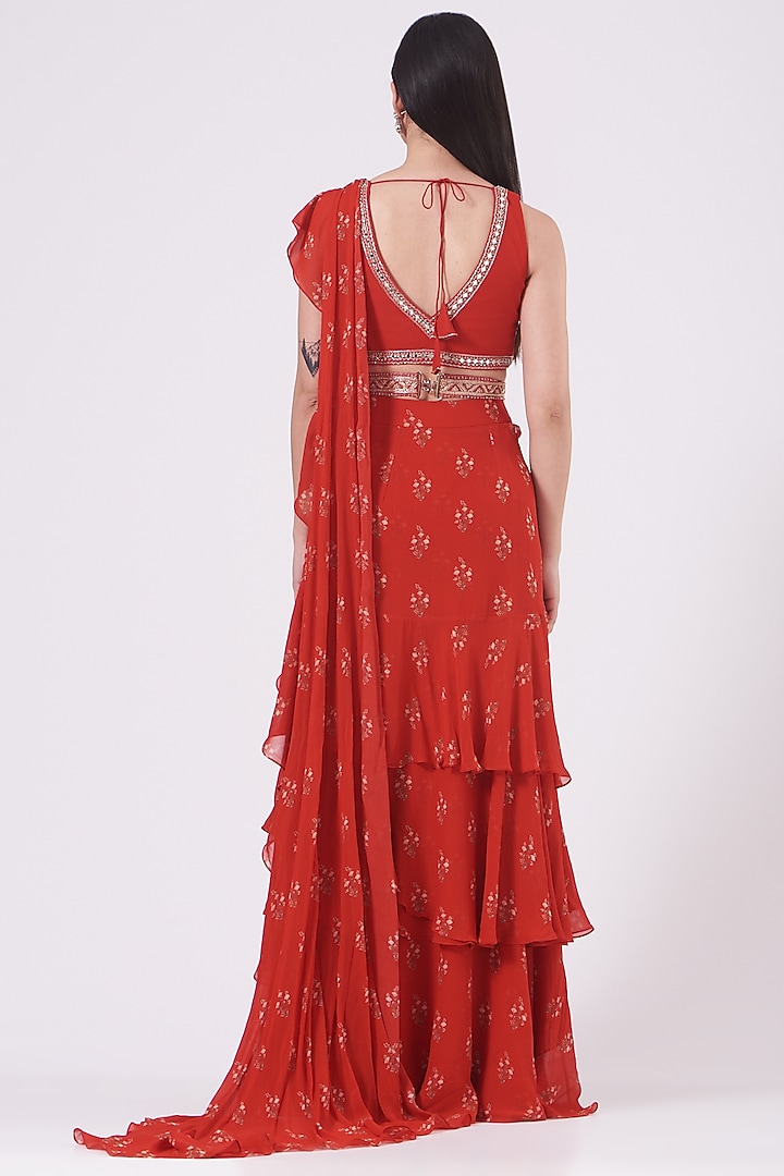 Cadmium Red Georgette Printed Pre-Stitched Layered Wedding Saree Set by Sana Barreja at Pernia's Pop Up Shop