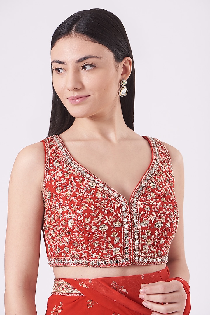 Cadmium Red Georgette Printed Pre-Stitched Layered Wedding Saree Set by Sana Barreja at Pernia's Pop Up Shop