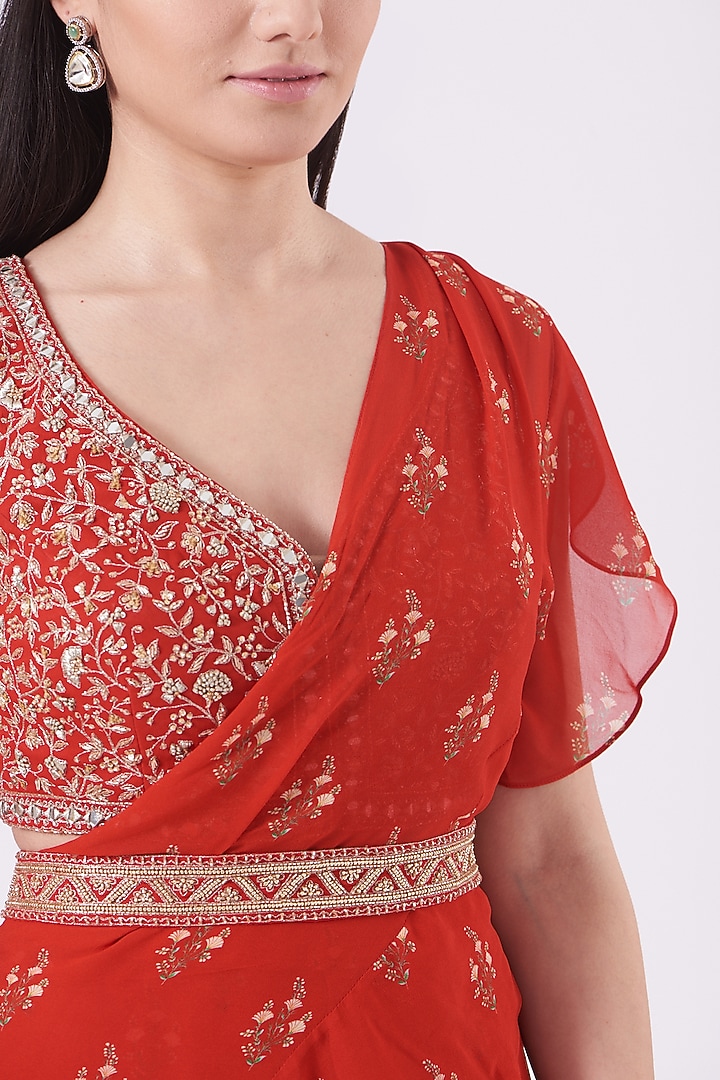 Cadmium Red Georgette Printed Pre-Stitched Layered Wedding Saree Set by Sana Barreja at Pernia's Pop Up Shop