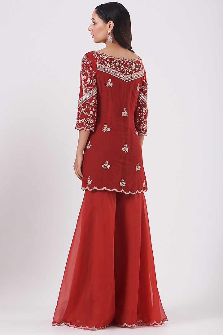 Cadmium Red Hand Embroidered Jacket Set by Sana Barreja at Pernia's Pop Up Shop