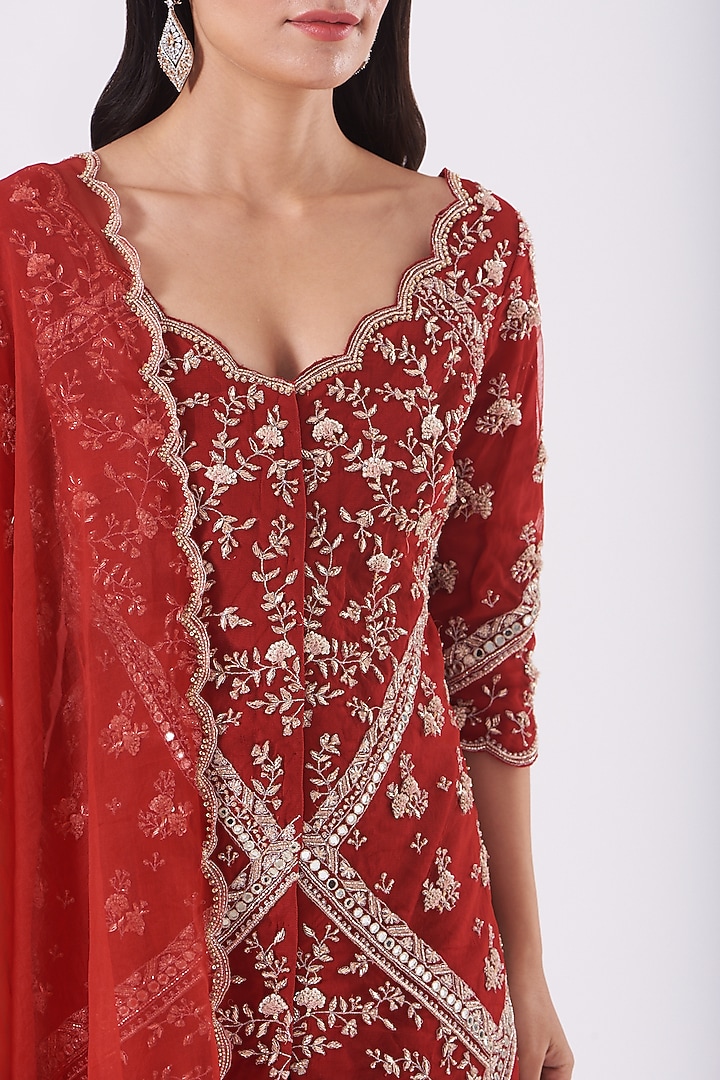 Cadmium Red Hand Embroidered Jacket Set by Sana Barreja at Pernia's Pop Up Shop