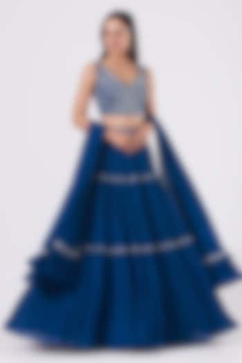 Cobalt Blue Georgette Lehenga Set by Sana Barreja