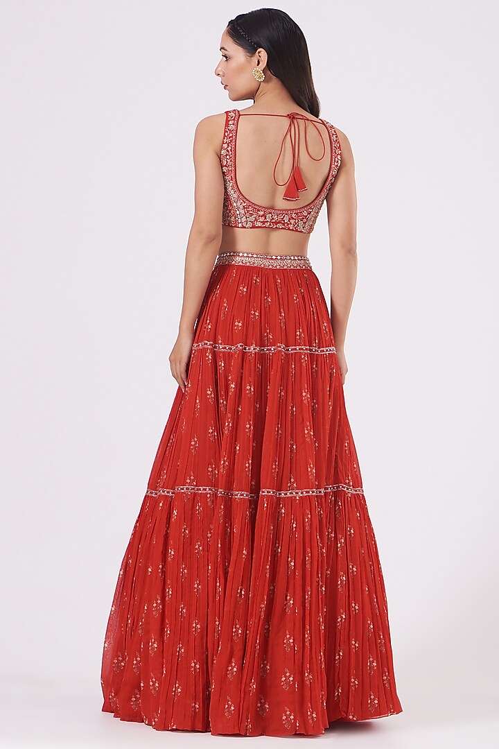 Bright Red Printed Wedding Lehenga Set by Sana Barreja at Pernia's Pop Up Shop