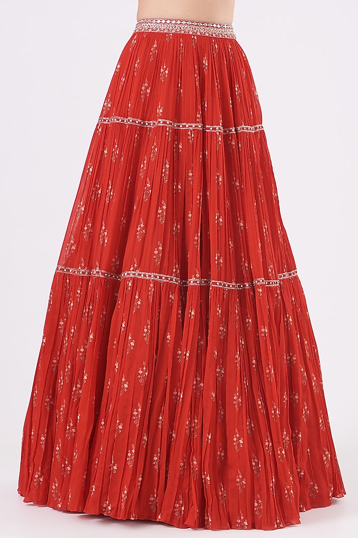 Bright Red Printed Wedding Lehenga Set by Sana Barreja at Pernia's Pop Up Shop