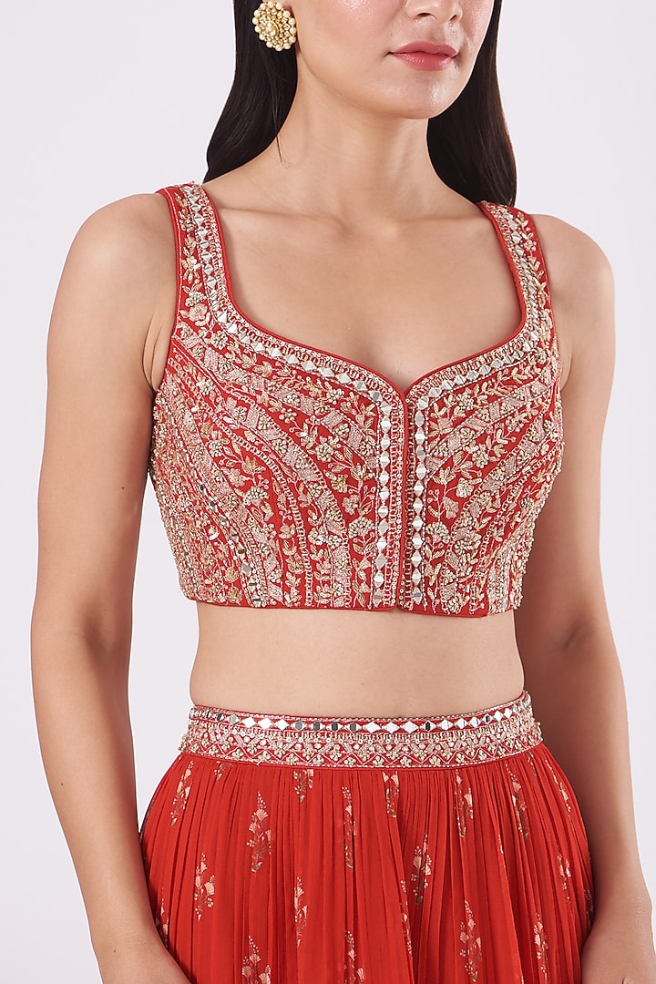 Bright Red Printed Wedding Lehenga Set by Sana Barreja at Pernia's Pop Up Shop