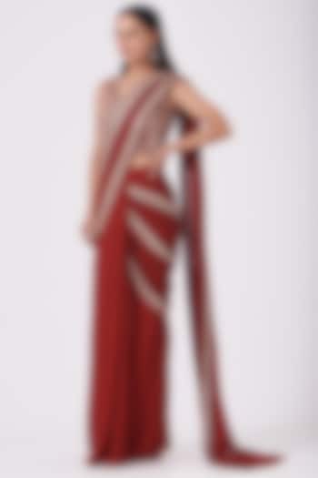 Maroon Hand Embroidered Pre-Stitched Wedding Saree Set by Sana Barreja at Pernia's Pop Up Shop