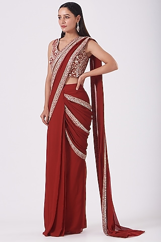 Maroon Hand Embroidered Pre-Stitched Saree Set by Sana Barreja