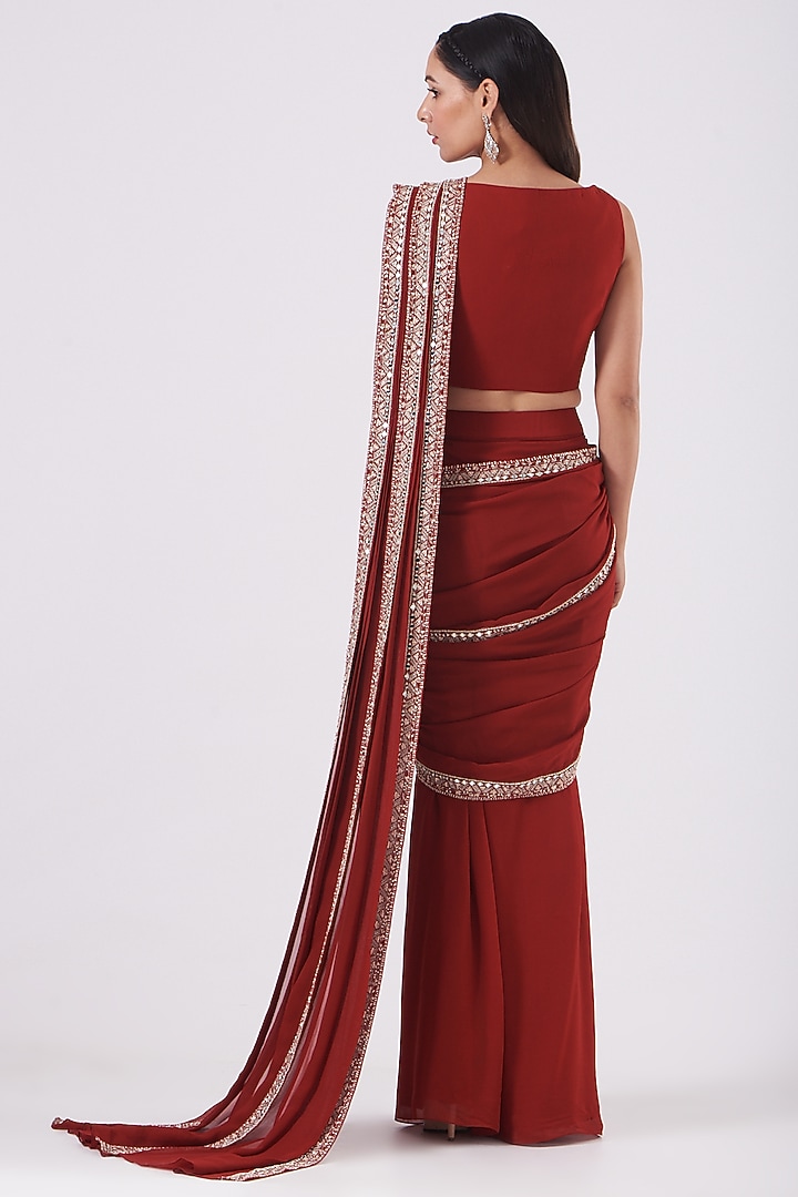 Maroon Hand Embroidered Pre-Stitched Wedding Saree Set by Sana Barreja at Pernia's Pop Up Shop