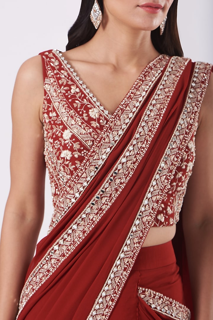 Maroon Hand Embroidered Pre-Stitched Wedding Saree Set by Sana Barreja at Pernia's Pop Up Shop