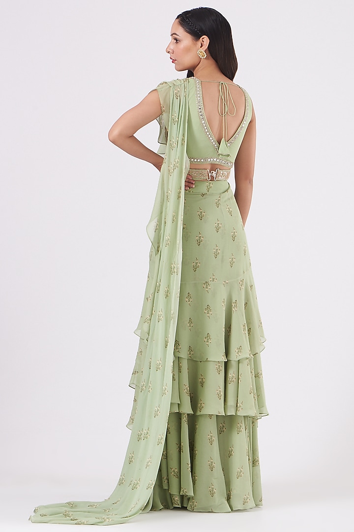Mint Georgette Printed Pre-Stitched Layered Wedding Saree Set by Sana Barreja at Pernia's Pop Up Shop