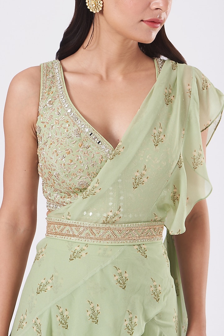 Mint Georgette Printed Pre-Stitched Layered Wedding Saree Set by Sana Barreja at Pernia's Pop Up Shop
