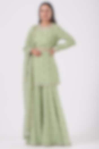 Mint Green Georgette Printed Gharara Set by Sana Barreja at Pernia's Pop Up Shop