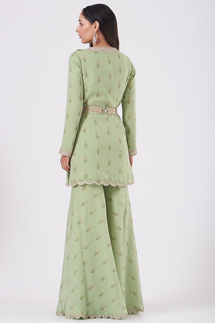 Mint Green Georgette Printed Gharara Set by Sana Barreja at Pernia's Pop Up Shop