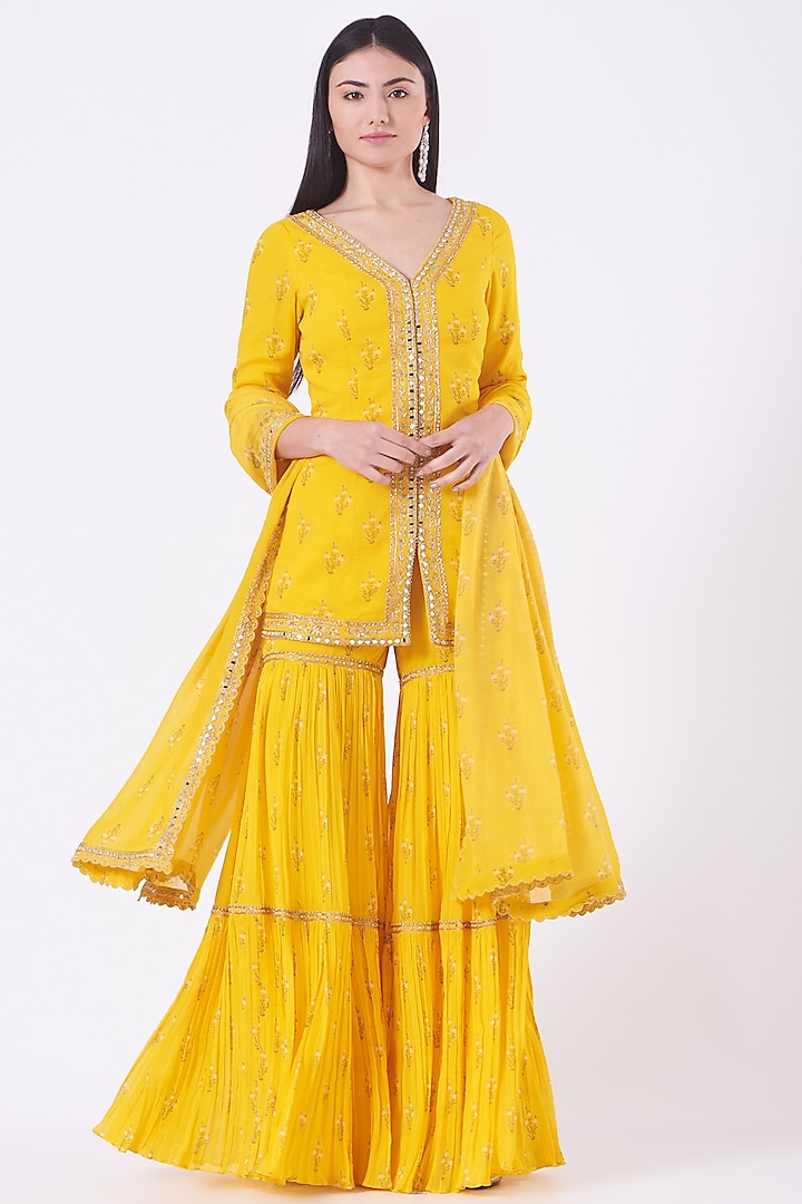 Dandelion Yellow Georgette Lily Printed & Hand Embroidered Gharara Set by Sana Barreja