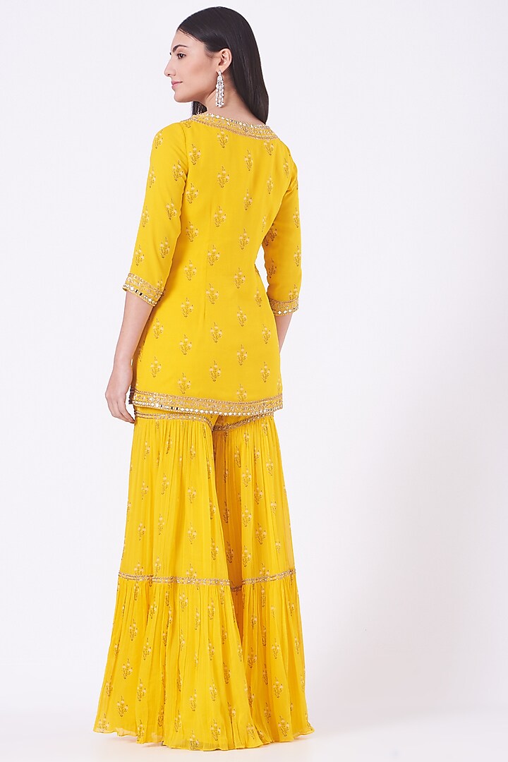 Dandelion Yellow Georgette Lily Printed & Hand Embroidered Gharara Set by Sana Barreja at Pernia's Pop Up Shop