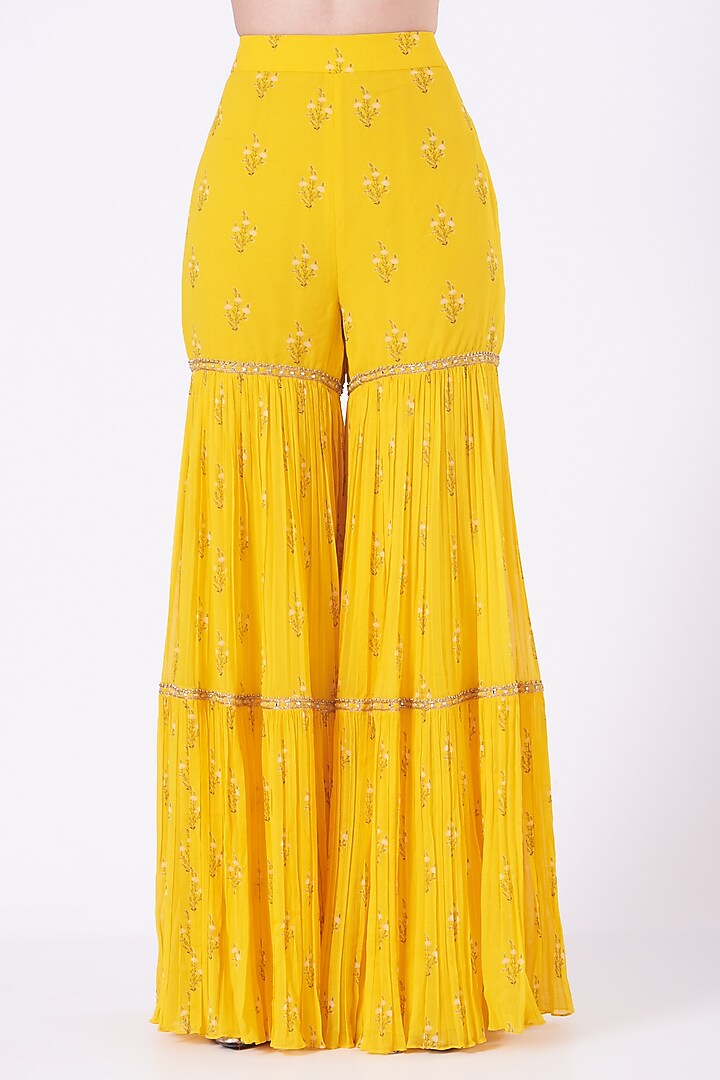 Dandelion Yellow Georgette Lily Printed & Hand Embroidered Gharara Set by Sana Barreja at Pernia's Pop Up Shop