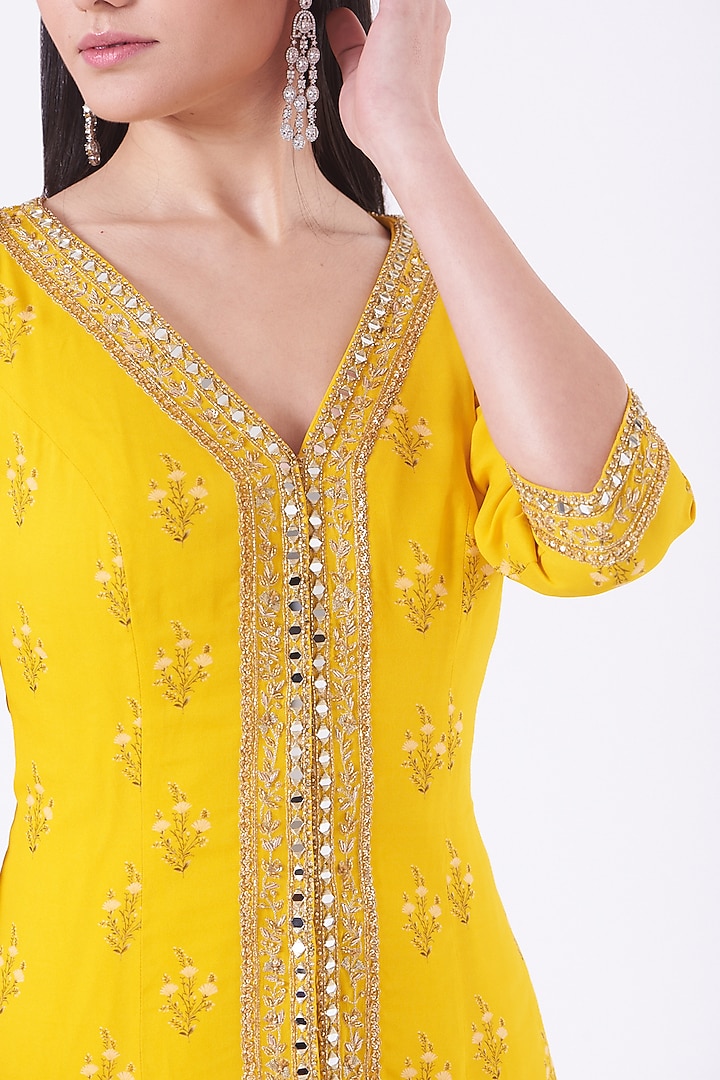 Dandelion Yellow Georgette Lily Printed & Hand Embroidered Gharara Set by Sana Barreja at Pernia's Pop Up Shop