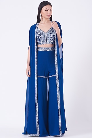 Cobalt Blue Georgette Gharara Set by Sana Barreja
