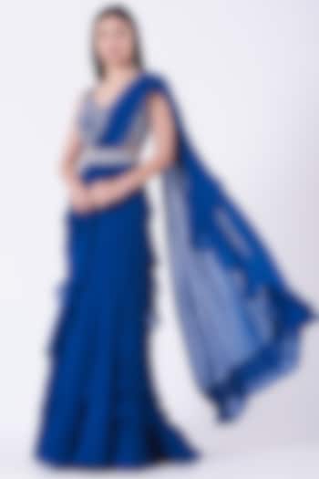 Cobalt Blue Georgette Pre-Stitched Wedding Saree Set by Sana Barreja at Pernia's Pop Up Shop
