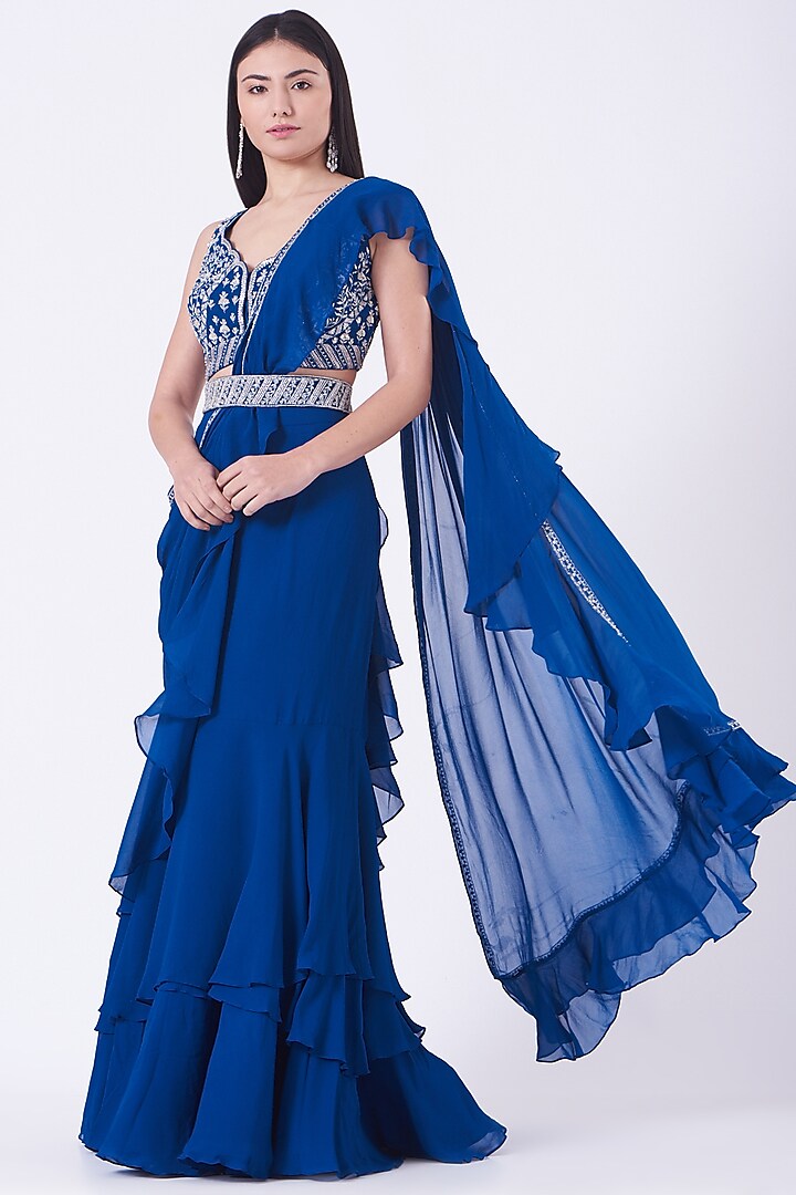 Cobalt Blue Georgette Pre-Stitched Wedding Saree Set by Sana Barreja at Pernia's Pop Up Shop