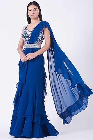 Cobalt Blue Georgette Pre-Stitched Saree Set by Sana Barreja