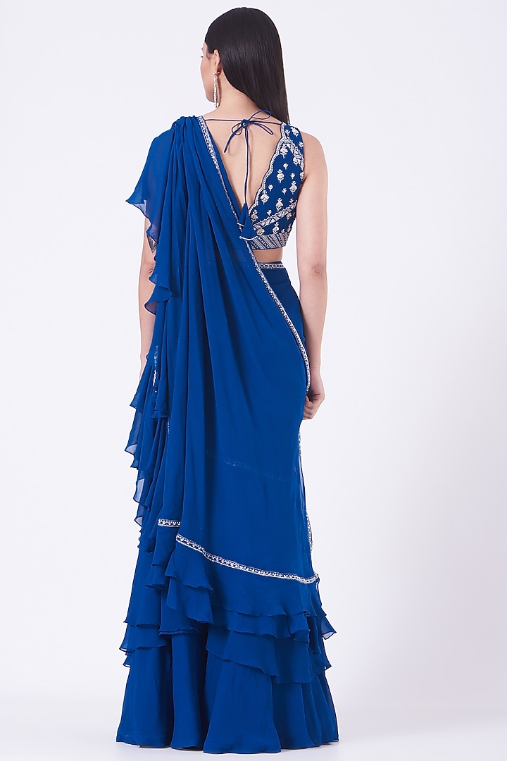 Cobalt Blue Georgette Pre-Stitched Wedding Saree Set by Sana Barreja at Pernia's Pop Up Shop