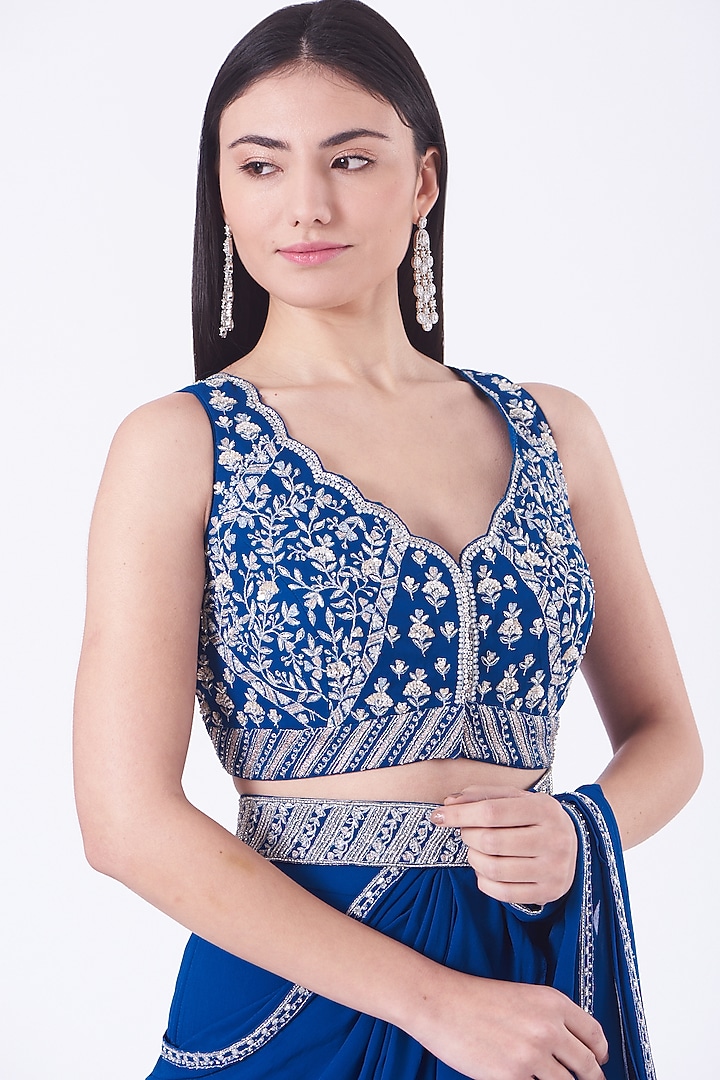 Cobalt Blue Georgette Pre-Stitched Wedding Saree Set by Sana Barreja at Pernia's Pop Up Shop