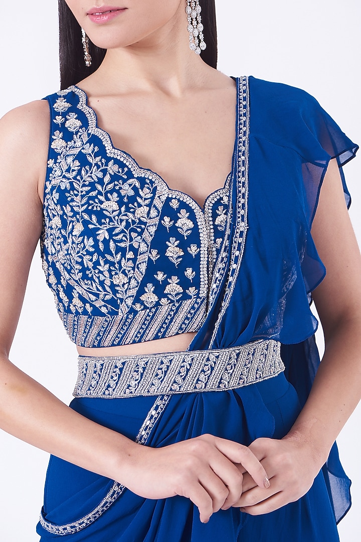 Cobalt Blue Georgette Pre-Stitched Wedding Saree Set by Sana Barreja at Pernia's Pop Up Shop